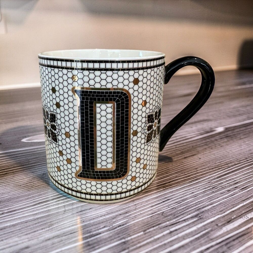 Anthropologie Margot Monogram 'D' Mug Tiled Mosaic Bistro Black White Gold 15 oz